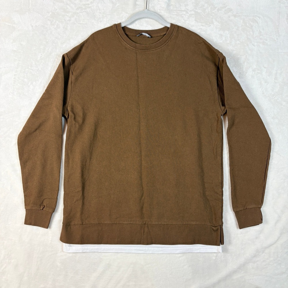 Zara Sweatshirt Womens Small Brown Excellent Layered Hem Crewneck Pullover